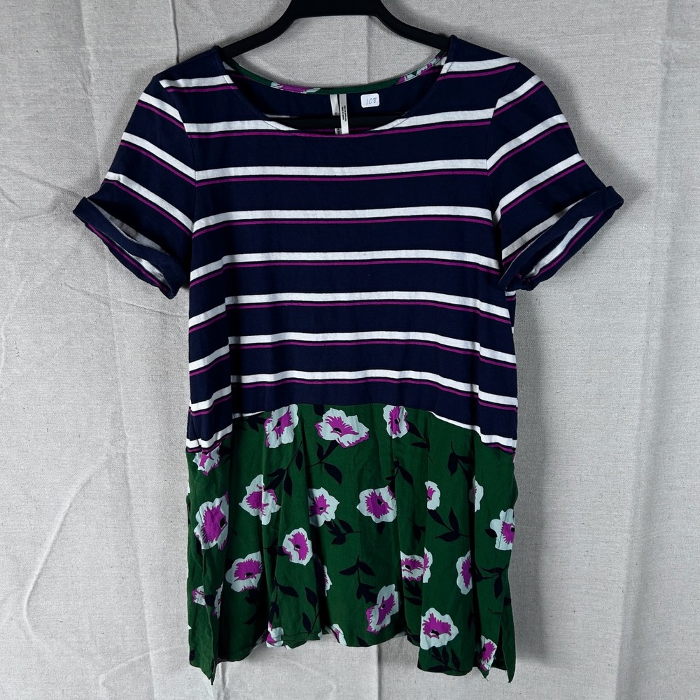 Anthropologie Mixed Media Striped Floral Top Navy Green OB1027371 Womens Small